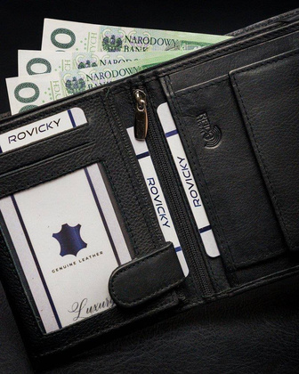 Składany, pionowy portfel męski z kieszonką na suwak, skóra naturalna