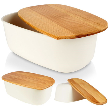 Chlebak pojemnik na pieczywo z drewnianą deską kremowy 39x23,5x15,5 cm