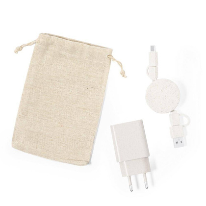 Zestaw podróżny do ładowania ze słomy pszenicznej, zwijany kabel do ładowania i synchronizacji, ładowarka ścienna, bawełniany pokrowiec