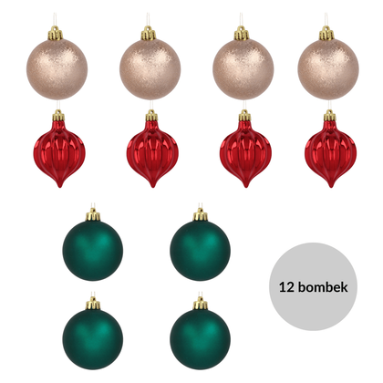 Zestaw 12 bombek choinkowych 6cm – zielone, złote, czerwone, w tubie