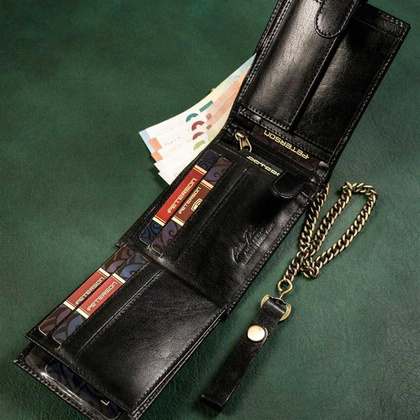 Poziomy portfel męski ze skóry naturalnej z łańcuchem