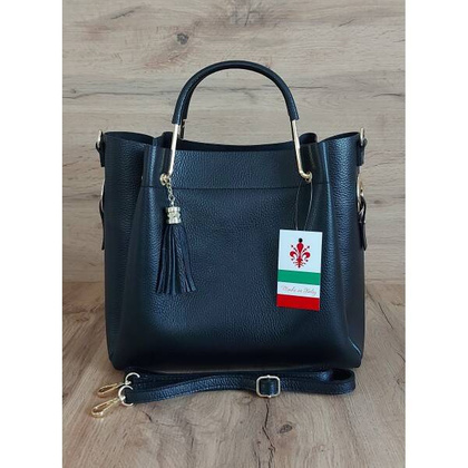 Włoski kuferek Shopperka A4 ,złote okucia + frędzelek Vera Pelle Czarny KLV33N