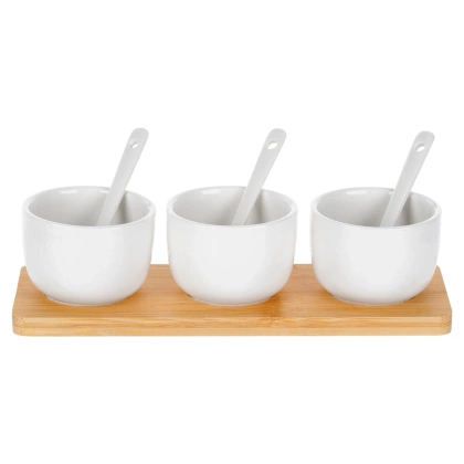 Miseczki na przekąski z łyżeczkami ceramiczne białe 90 ml 7 el.