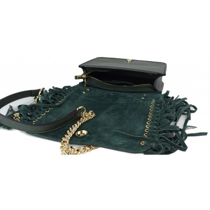 Piękna duża listonoszka A5 frędzle ,złoto ,dzety ,łańcuch skóra zamsz z dollaro zieleń VPZ88V