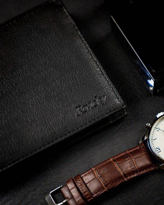 Poziomy portfel męski ze schowkiem na suwak, skóra naturalna, rfid stop
