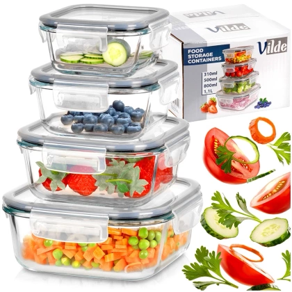 Pojemniki na żywność szklane z pokrywką i uszczelką kwadratowe 4 szt.