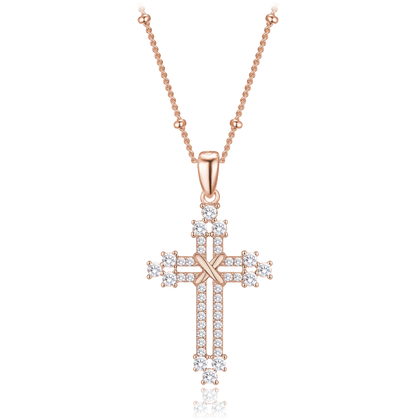 MINET Rose gold srebrny naszyjnik krzyżyk z cyrkoniami i łańcuszkiem z kulkami