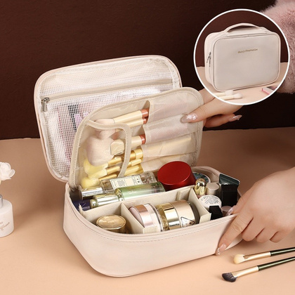 Kosmetyczka rozkładana elegancka kuferek etui z ekoskóry kremowa KS146K