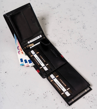 Skorzany portfel meski z czerwonym paskiem