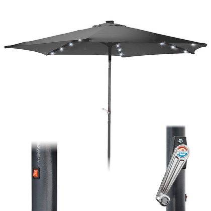 Parasol ogrodowy z oświetleniem składany z korbką szary 24 LED 260 cm