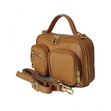 Zgrabny elegancki kuferek, listonoszka kieszonki A5 złote okucia Vera Pelle Camel VPMC15C