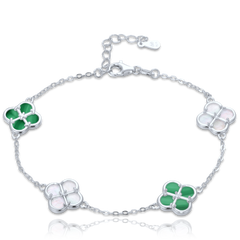 MINET Srebrna bransoletka koniczyna z białą masą perłową z malachitem