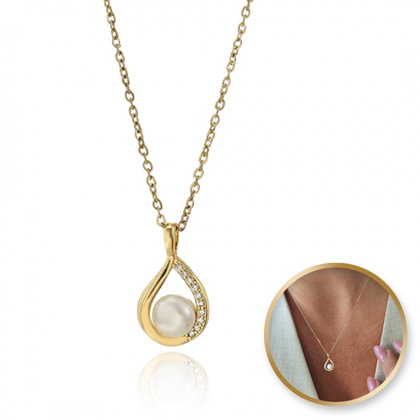 Naszyjnik stal szlachetna pozłacana 14k złotem - perła, cyrkonie NST2204