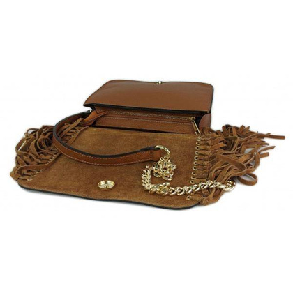 Piękna duża listonoszka A5 frędzle ,złoto ,dzety ,łańcuch skóra zamsz z dollaro camel VPZ88C