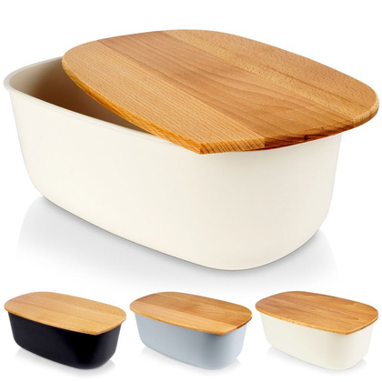 Chlebak pojemnik na pieczywo z drewnianą deską kremowy 39x23,5x15,5 cm