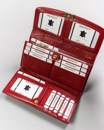 Duży, skórzany portfel damski na zatrzask z systemem rfid