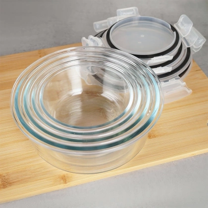 Pojemniki na żywność szklane z pokrywką i uszczelką okrągłe 4 szt.