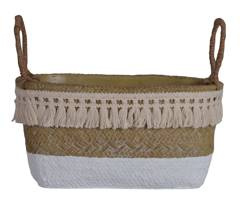 Doniczka ceramiczna boho podłużna beżowo-biała mała