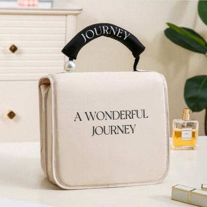 Kosmetyczka rozkładana elegancka kuferek etui z rączką kremowa KS153K