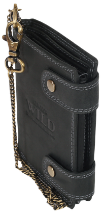 Atrakcyjny, skórzany portfel męski z mosiężnym łańcuchem