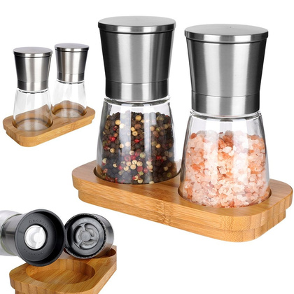 Młynek do mielenia soli i pieprzu na bambusowym stojaku zestaw 3 szt.