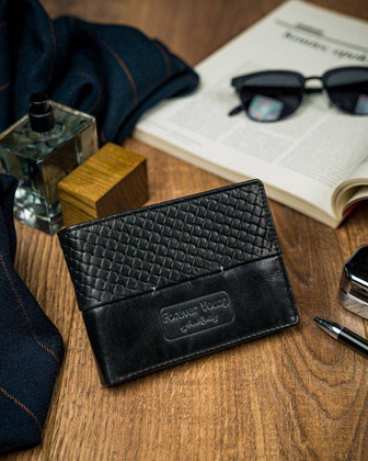 Czarny portfel męski skórzany z przeszyciem