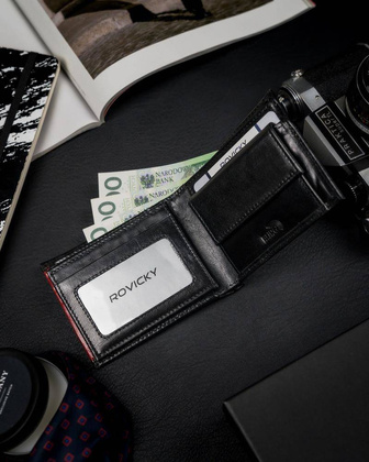 Portfel męski z naturalnej skóry licowej, etui z okienkiem na zdjęcie