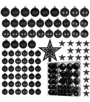 Bombki choinkowe ze szpicem  komplet 86szt. nietłukących plastikowych bombek - Czarny