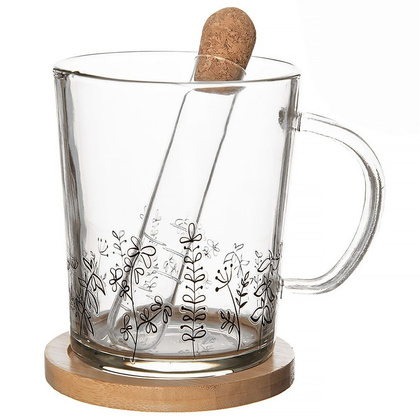 Kubek szklany z zaparzaczem i podstawką bambusową rośliny zestaw 3 el. 400 ml