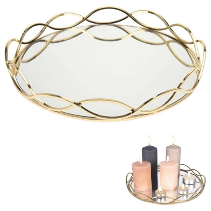 Taca na świece lustrzana okrągła złota metalowa / podstawka pod świeczki 31 cm