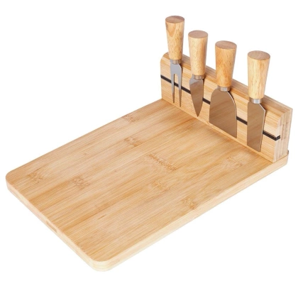 Deska bambusowa do krojenia serwowania serów + 4 noże stalowe do sera