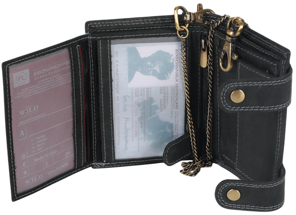 Atrakcyjny, skórzany portfel męski z mosiężnym łańcuchem