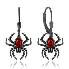 MINET Nowoczesne czarne srebrne kolczyki pająki z czerwonych cyrkonii
