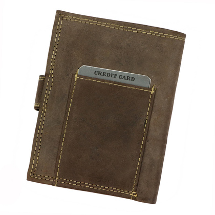 Pionowy, zapinany portfel męski z zewnętrzną kieszonką na kartę