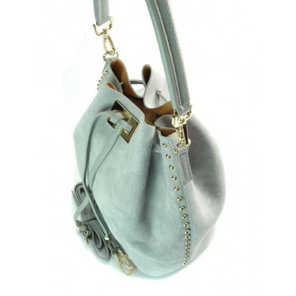 Duży zamszowy skórzany worek na ramię złote okucia dzety szary MK46G