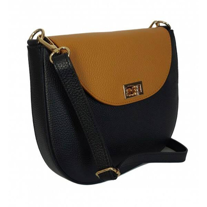 Włoska skórzana listonoszka podkówka Vera Pelle , pojemna złote okucia Czarna z Camelem VPP38NC