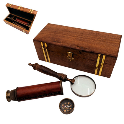 Zestaw Podróżnika Retro - Kompas + Luneta + Lupa w Pudełku Drewnianym - NC102369
