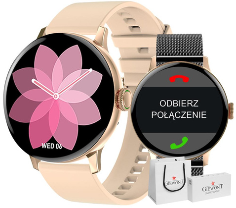 Smartwatch Damski Giewont GW330-4 Różowe Złoto-Róż Pudrowy Pasek Silikonowy  + Czarna Bransoleta