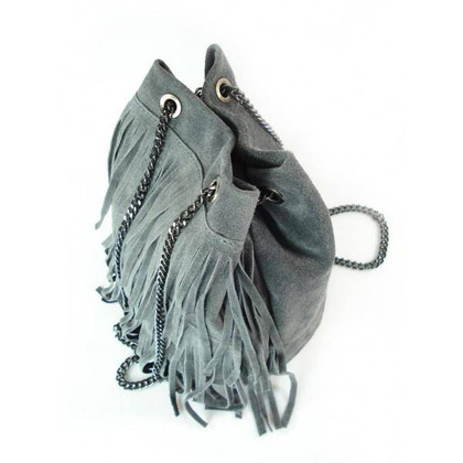 ZAMSZOWA LISTONOSZKA WOREK FRĘDZLE WŁOSKA SKÓRZANA SZARA TOREBKA WL45G