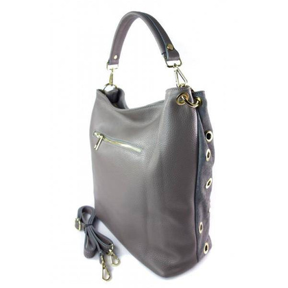 Zamszowy worek, złote okucia,dżety, kółka, Vera Pelle pojemny Szary WK579GZ