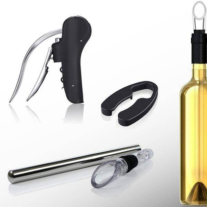 Zestaw do wina ze stali z korkociągiem, wkładem chłodzącym do wina i otwieraczem / Starwine