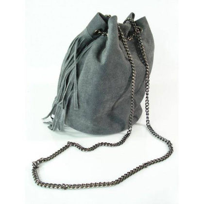 ZAMSZOWA LISTONOSZKA WOREK FRĘDZLE WŁOSKA SKÓRZANA SZARA TOREBKA WL45G