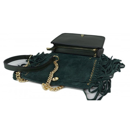 Piękna duża listonoszka A5 frędzle ,złoto ,dzety ,łańcuch skóra zamsz z dollaro zieleń VPZ88V