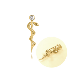 MINET Pozłacana srebrna broszka laska Eskulapa z białą cyrkonią