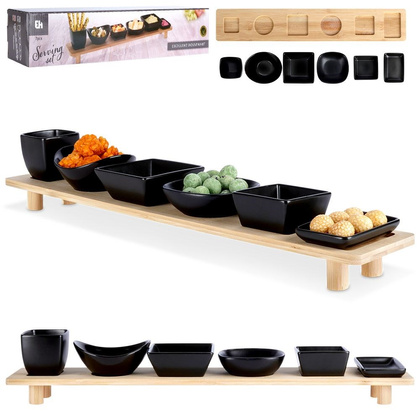 Miseczki na przekąski na tacy na nóżkach ceramiczne czarne 7 el.