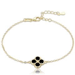 MINET Pozłacana srebrna bransoletka koniczyna z czarną masą perłową