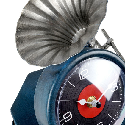 Zegar stołowy gramofon metalowy granatowy retro vintage 16,5x16,5 x 19 cm