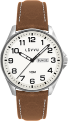 LAVVU Zegarek ze stali nierdzewnej BERGEN White / Top Grain Leather ze świecącą tarczą