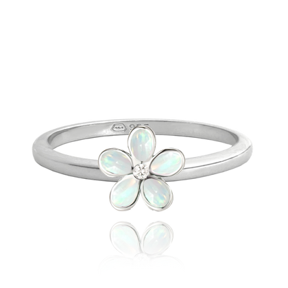 MINET Pierścien srebrny KWIATY z białymi opalami wielkość 13