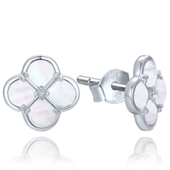 MINET Srebrne kolczyki koniczyna z białą masą perłową